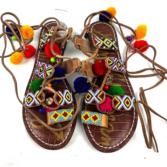 Sam Edelman Lisabeth Sandals 6 Lace Up Beaded Pom Pom Bohemian Brand New - Picture 3 of 11